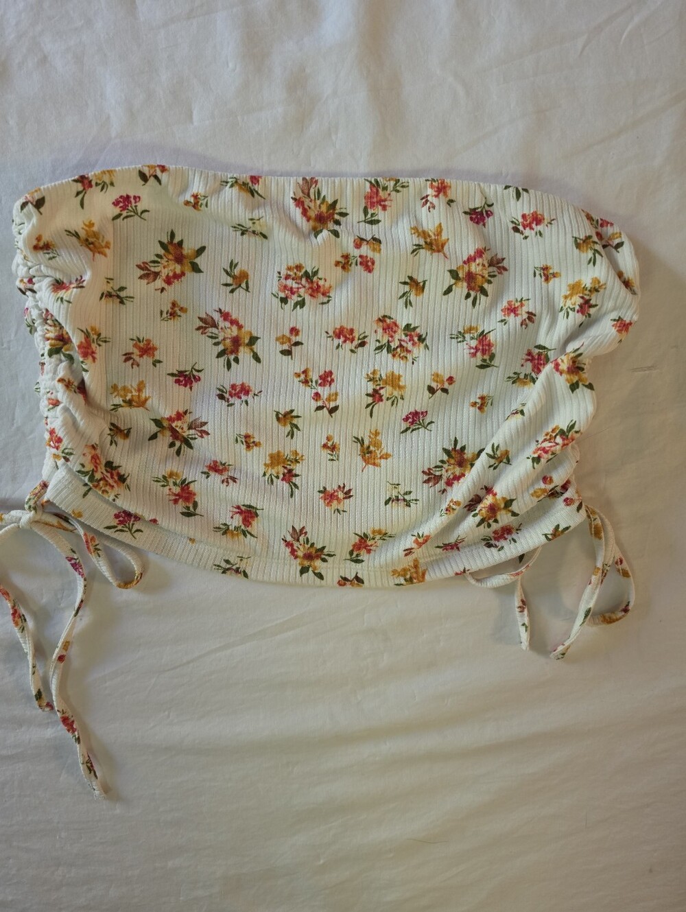 Love Tree Floral Tube Top Ribbed Ruched Side Tie Crop Strapless Top White L